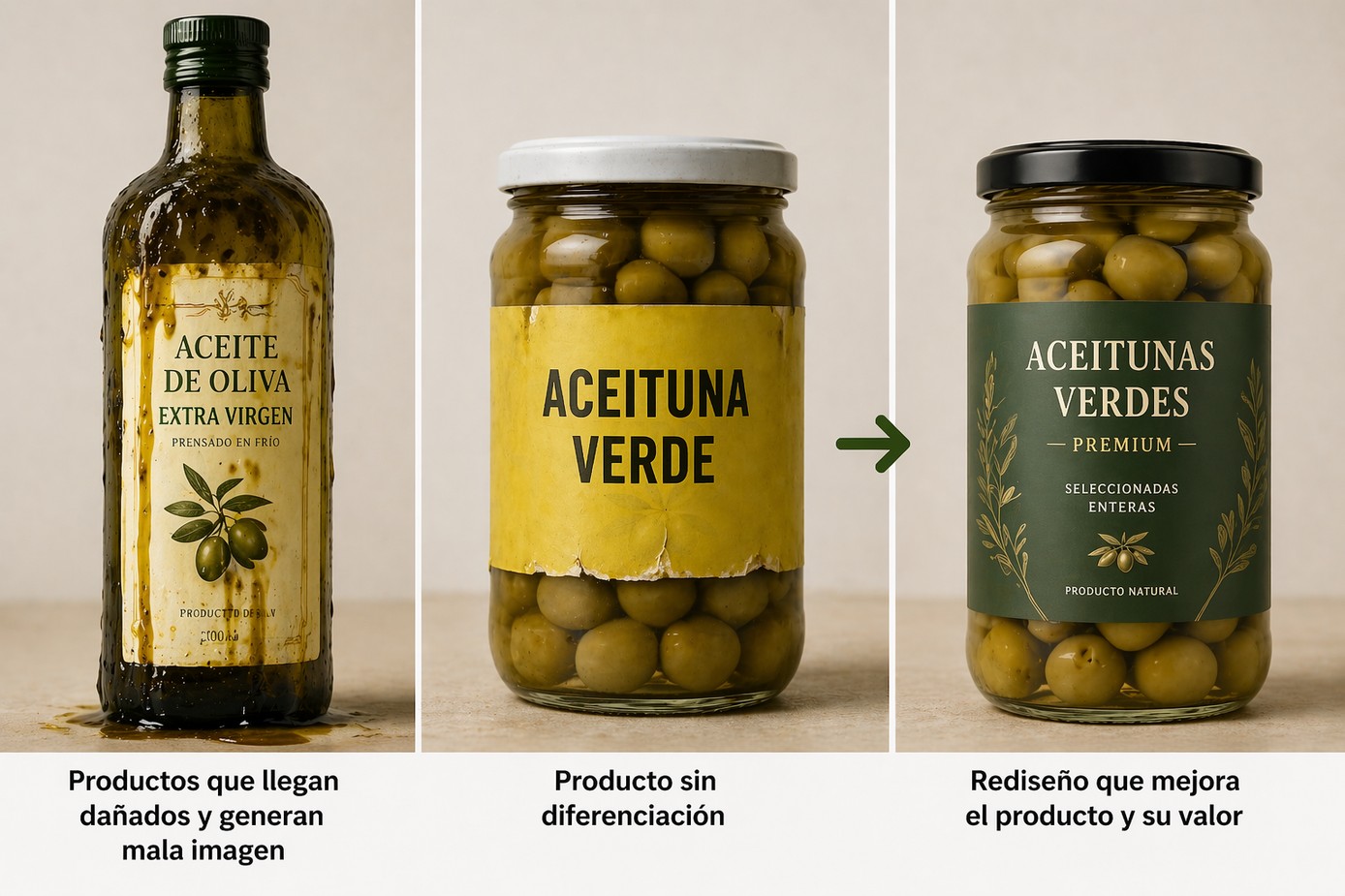 Comparación de envases: producto dañado, producto sin diferenciación y rediseño que mejora el valor